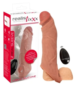 WIBRUJĄCA I PRZEDŁUŻAJĄCA NAKŁADKA NA PENISA REALSLEEVE Z PIERŚCIENIEM +6,5CM