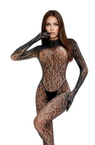 Czarny Bodystocking z Długim Rękawem i Zwierzęcym Wzorem S/L